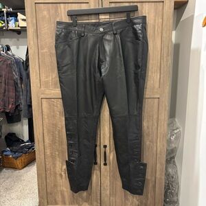 NWT LeatherCult Black Leather Pants Custom Made Button Lower Leg Lined